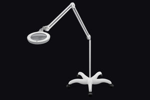 Omega 5 magnifying lamp with floorstand attached, against a black background. 
