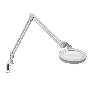 Omega 5 magnifying lamp against a white background, with table clamp. 