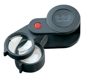 2 small circular magnifying lenses, encased in black plastic , fold-out case.