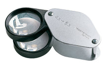 Load image into Gallery viewer, 2 small circular magnifying lens encases in black metal, with a silver coloured fold-out case with magnification written on case.
