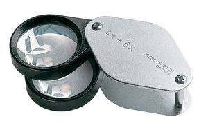 2 small circular magnifying lens encases in black metal, with a silver coloured fold-out case with magnification written on case.