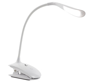 Small clip-on daylight lamp, with bendable arm holding light.
