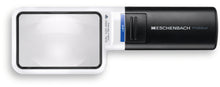 Load image into Gallery viewer, Mobilux LED, rectangular magnifier surrounded by white casing with a black handle and LED light switch
