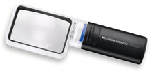 Load image into Gallery viewer, Mobilux LED, rectangular magnifier surrounded by white casing with a black handle and LED light switch.
