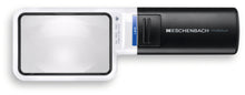 Load image into Gallery viewer, Mobilux LED, rectangular magnifier surrounded by white casing with a black handle and LED light switch
