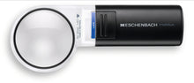 Load image into Gallery viewer, Mobilux LED, circular magnifier surrounded by white casing with a black handle and LED light switch
