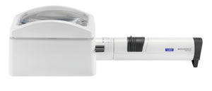 White, domed rectangular magnifier, with rectangular base and attached battery handle