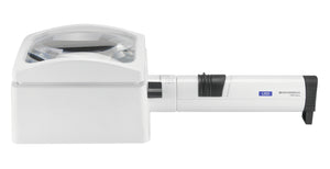 White, domed rectangular magnifier, with rectangular base and attached battery handle