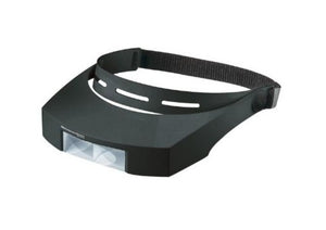 Black headband and visor (sits around top of head, over eyes) with magnifying lens at front of visor.