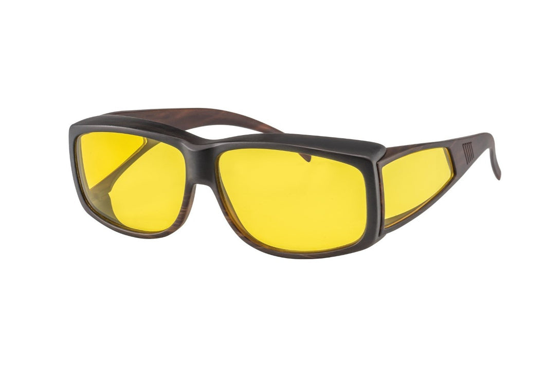 Black framed glasses with yellow filter lenses