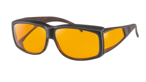 Black framed glasses with orange filter lenses