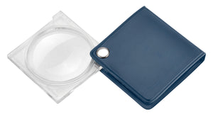 Circular magnifier with clear square housing, attached to blue square case.