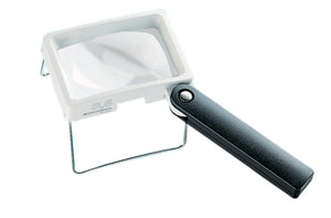 Rectangular magnifier with white housing, black handle and rectangular stand.