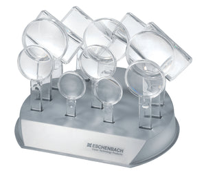 Display stand with 12 magnifiers of different sizes.