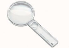 Load image into Gallery viewer, Circular magnifier with clear housing and small circular magnifying lens in handle.
