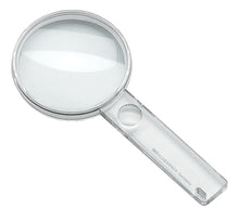 Load image into Gallery viewer, Circular magnifier with clear housing and small circular magnifying lens in handle.
