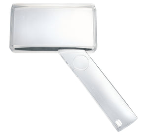 Rectangular magnifier with clear housing and small circular magnifying lens in handle.