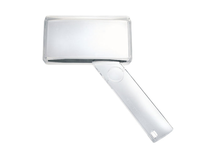 Rectangular magnifier with clear housing and small circular magnifying lens in handle.