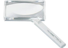 Load image into Gallery viewer, Rectangular magnifier with clear handle, product name and magnification on handle 
