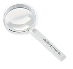 Circular magnifier with clear handle, product name and magnification on handle 