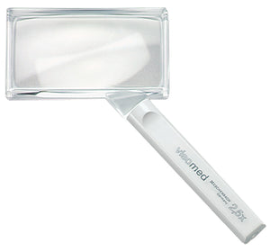 Rectangular magnifier with clear handle, product name and magnification on handle 