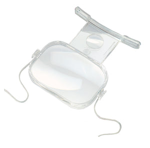 Clear plastic encasing large rectangular magnifying lens with a smaller, higher powered magnifying lens below. Clear feet designed to sit on chest and neck strap are shown.