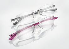 Load image into Gallery viewer, Ready readers, rectangular lens with silver or purple temples.
