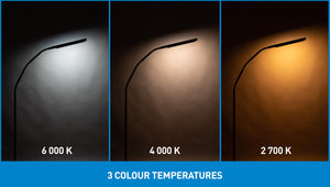 3 images showing the 3 different colour temperatures of the Electra light, Left is Daylight light 6,000K, middles is Cool light 4,000K and Right is Warm light 2,700K