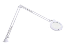 Load image into Gallery viewer, Daylight magnifying lens with LED light attached to long arm with hing and table attachment.
